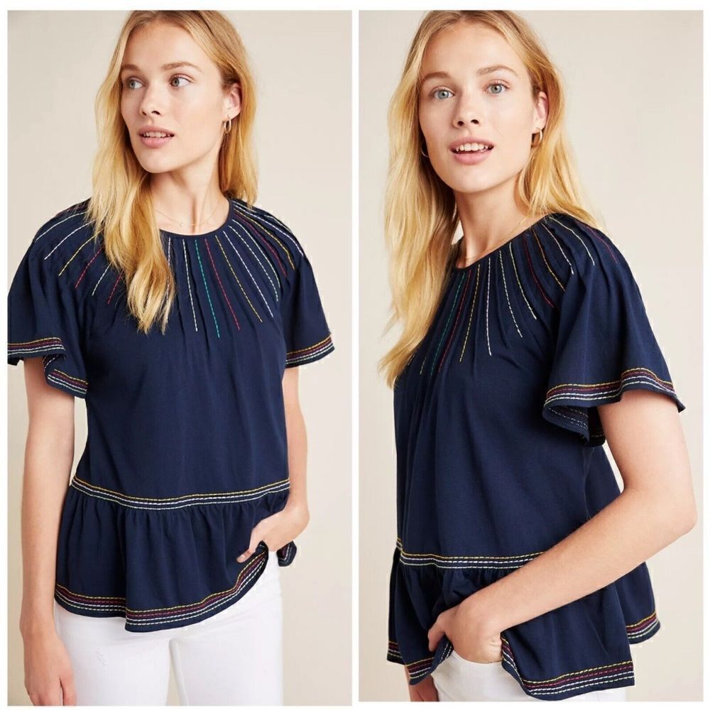 MAEVE ANTHROPOLOGIE Chamonix Embroidered Swing Top Blue Size Small